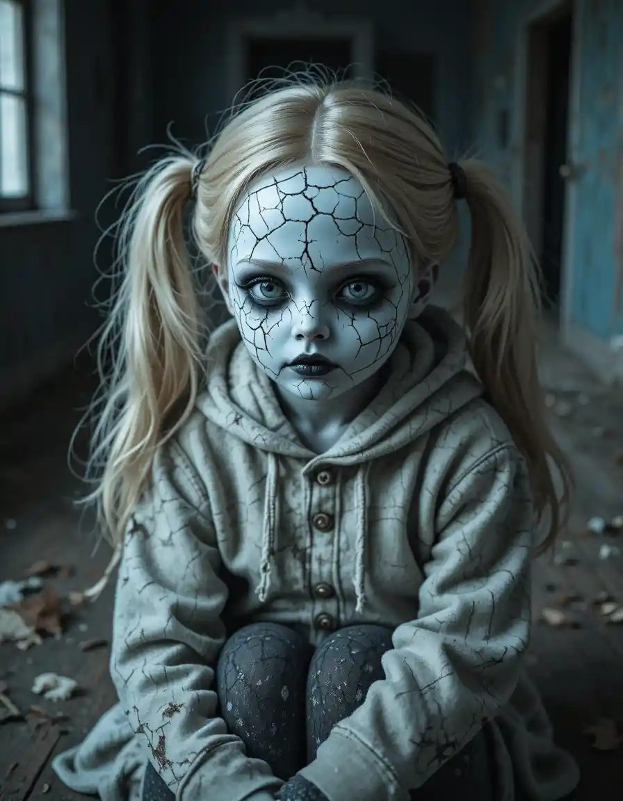 Fillette poupée de porcelaine inquiétante dans une pièce abandonnée et sombre