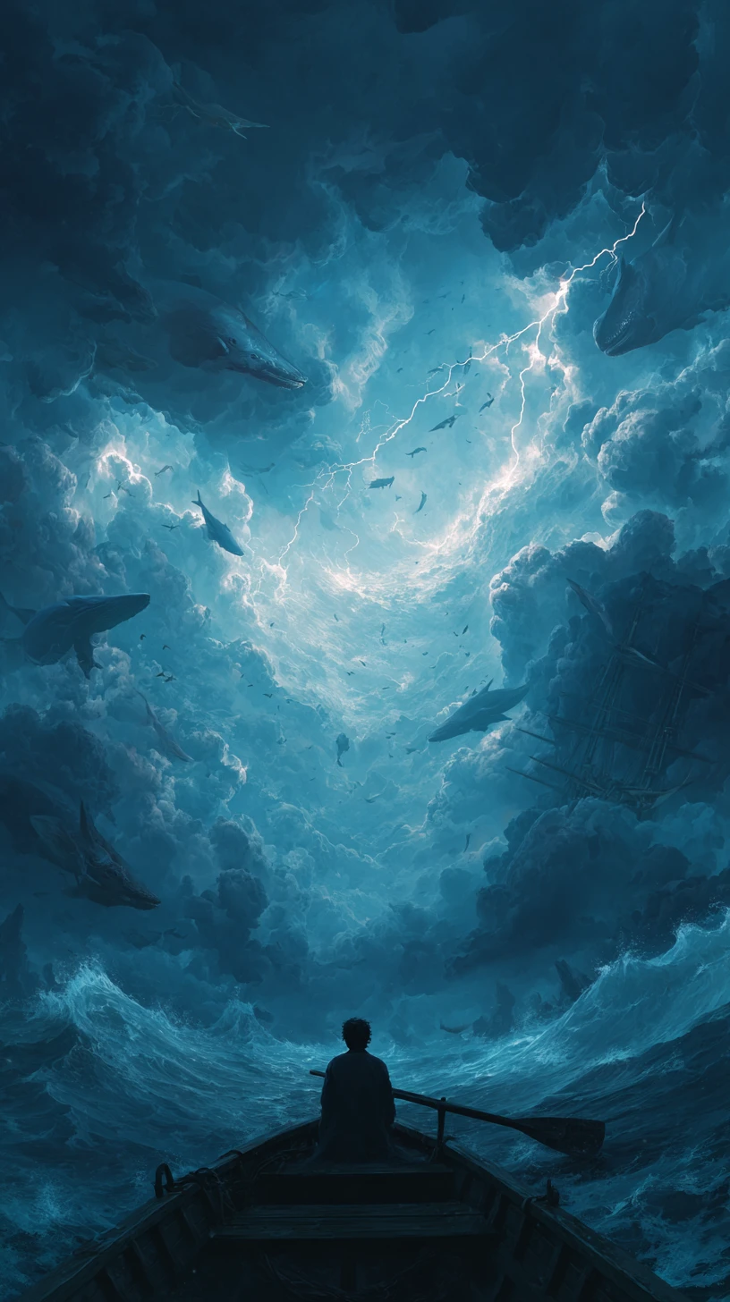 Marinheiro contemplando um abismo luminoso em um oceano tempestuoso