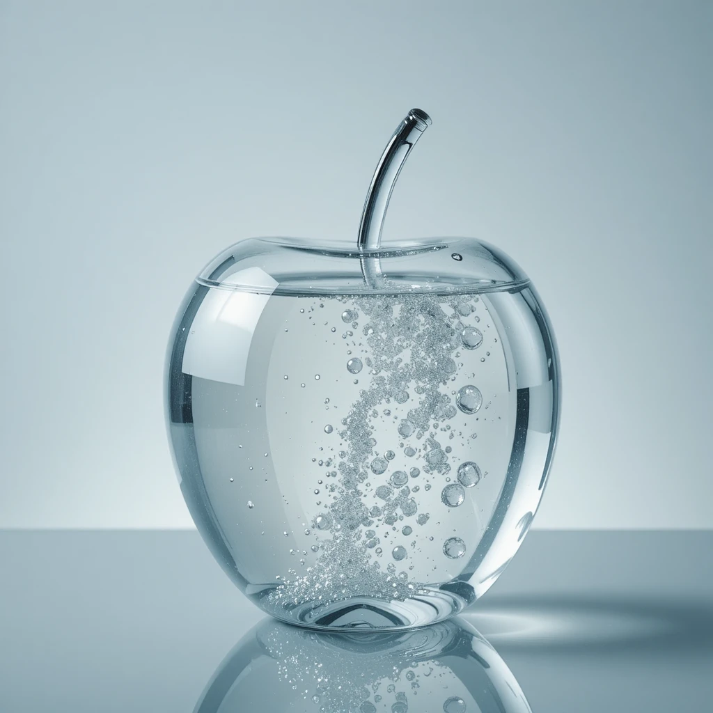 Mela di vetro piena di acqua cristallina su superficie riflettente
