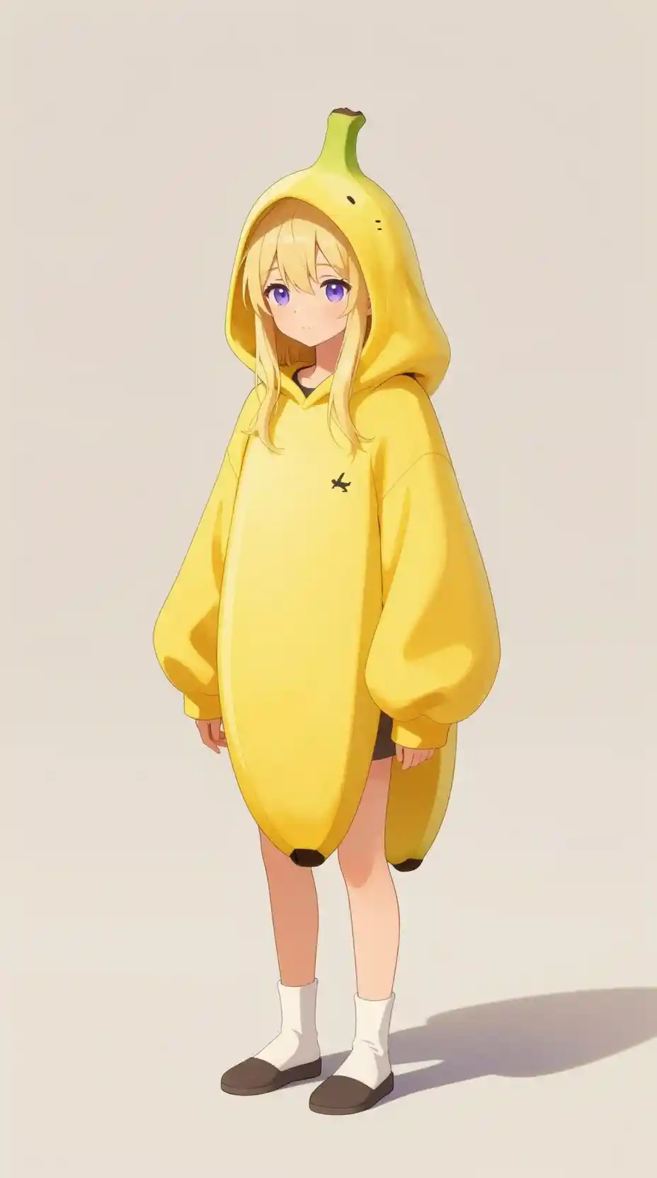 Ragazza anime con felpa oversize a tema banana su sfondo neutro e morbido