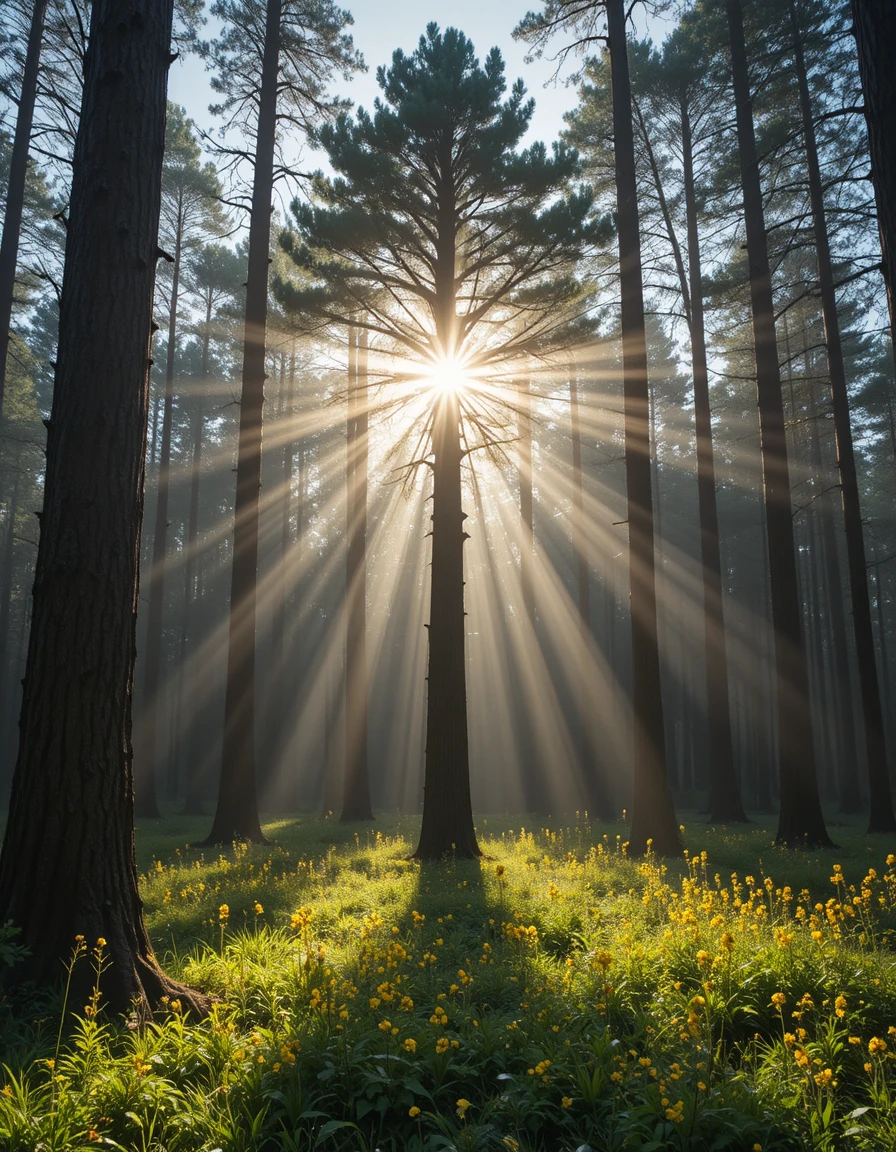 Sunlit forest with tall pine trees and yellow spring flowers