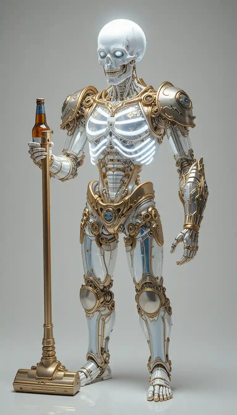 Figura esquelética brilhante segurando aspirador de pó e garrafa de cerveja