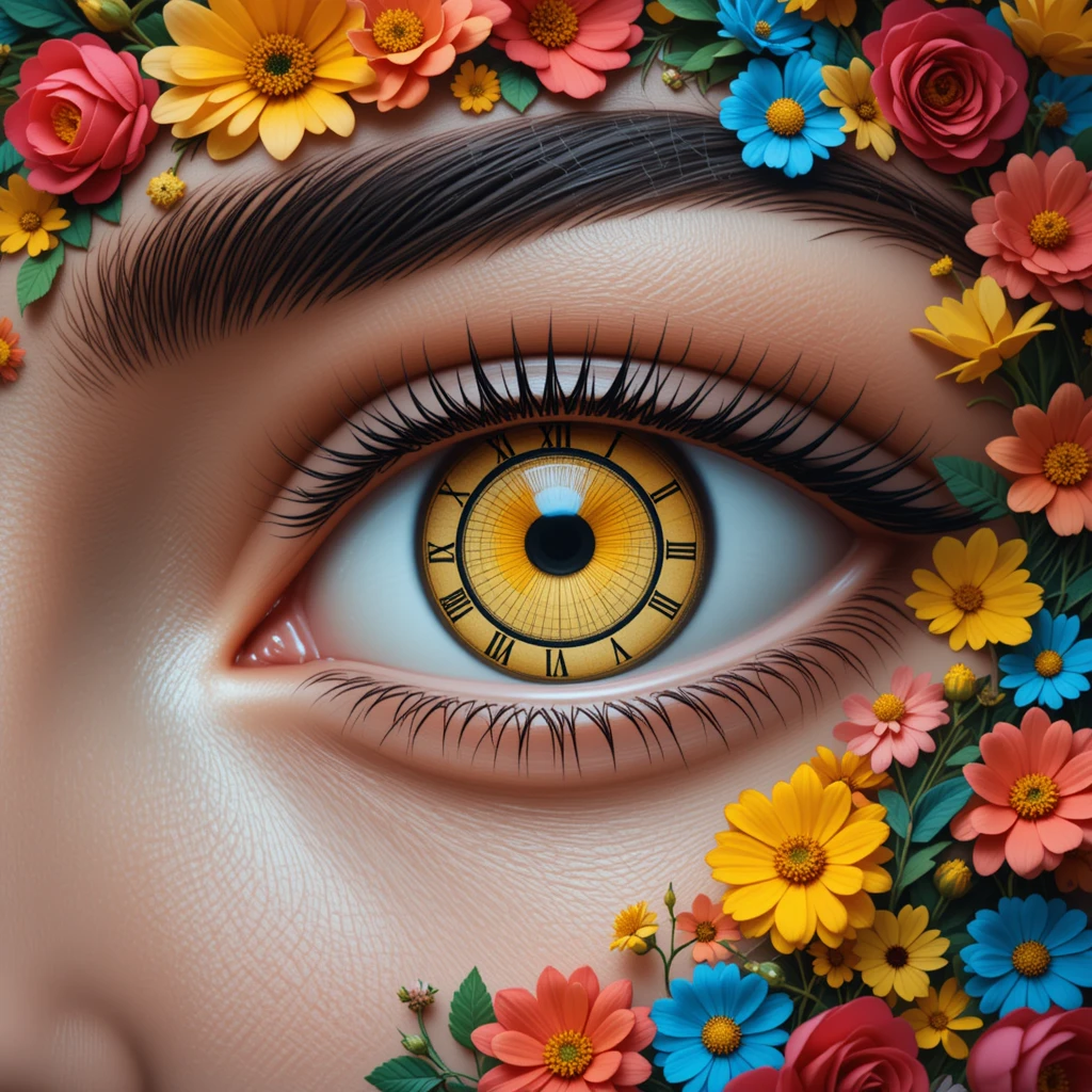 Close-up surreal de um olho mecânico emoldurado por flores