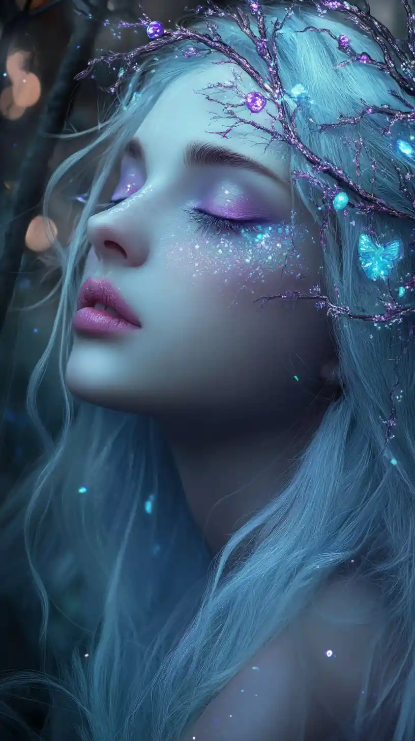 Ethereal blue fairy woman in a jeweled forest portrait