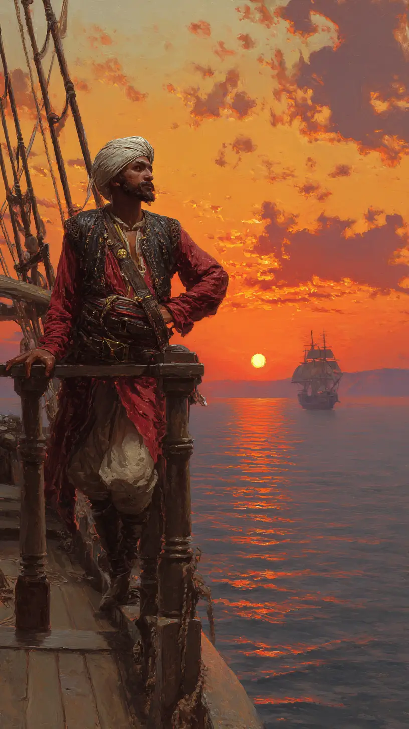 Capitão corsário argelino em seu xebeque ao pôr do sol