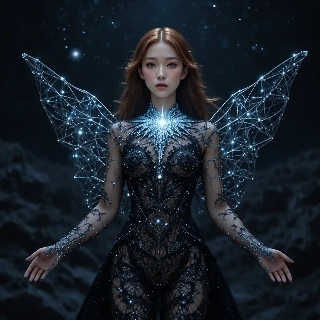 Serene cosmic woman in a dark star lace gown