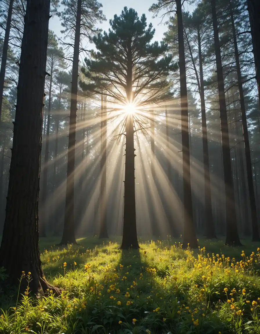 Sunlit forest with tall pine trees and yellow spring flowers