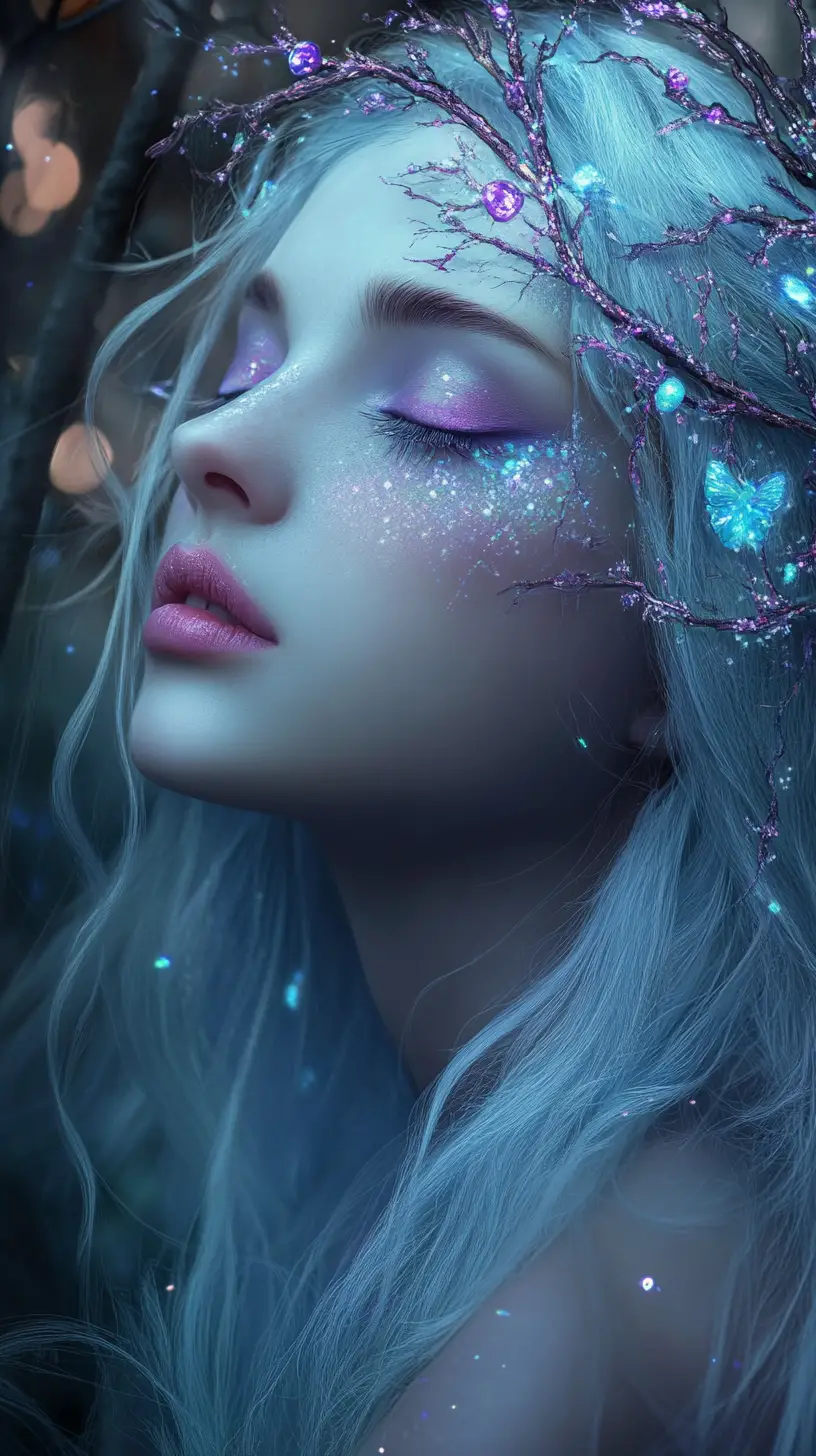 Ethereal blue fairy woman in a jeweled forest portrait