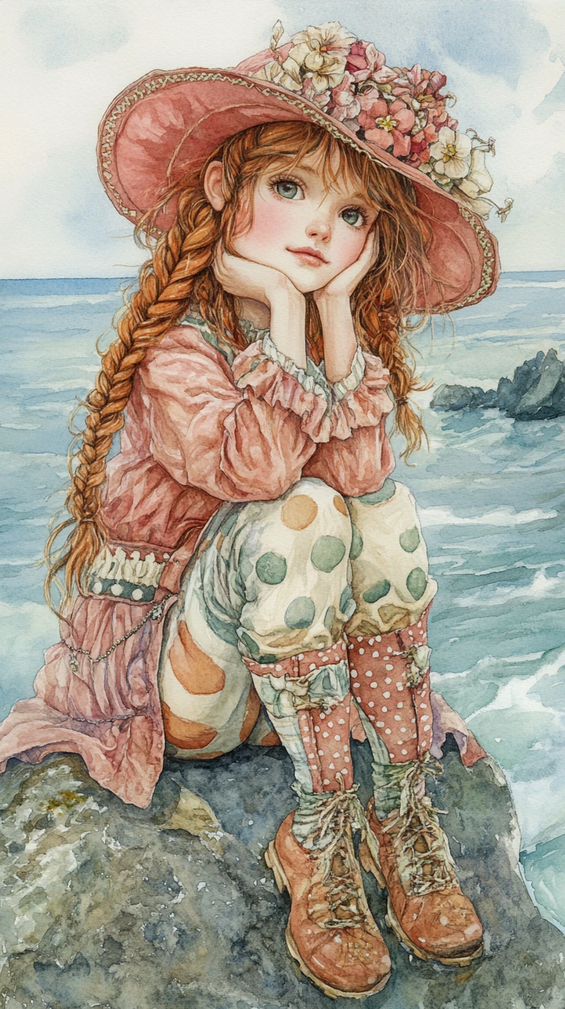 Junges Mädchen mit Hut auf Meeresfelsen in Aquarell