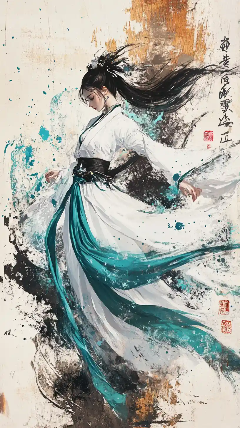 Mulher elegante em hanfu branco em pintura a tinta