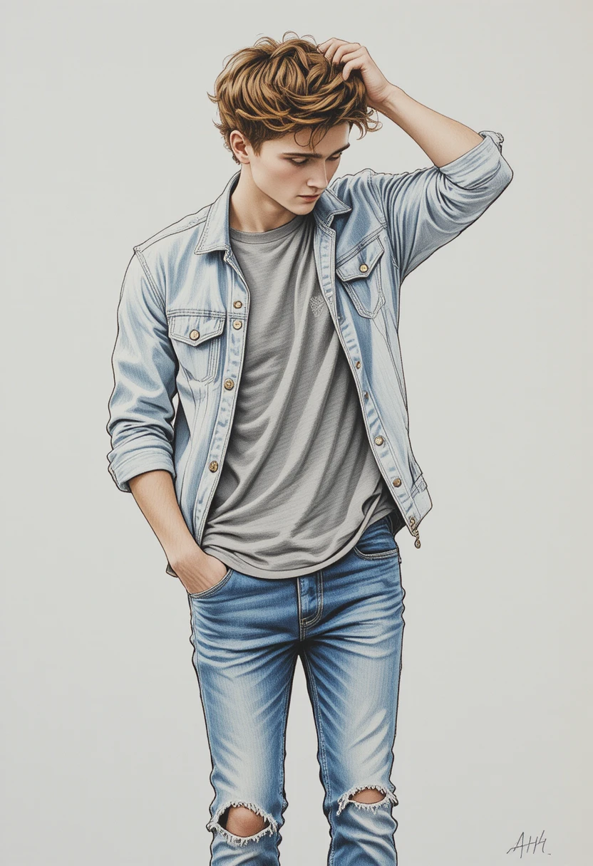 Desenho a lápis de jovem com jaqueta jeans em fundo branco