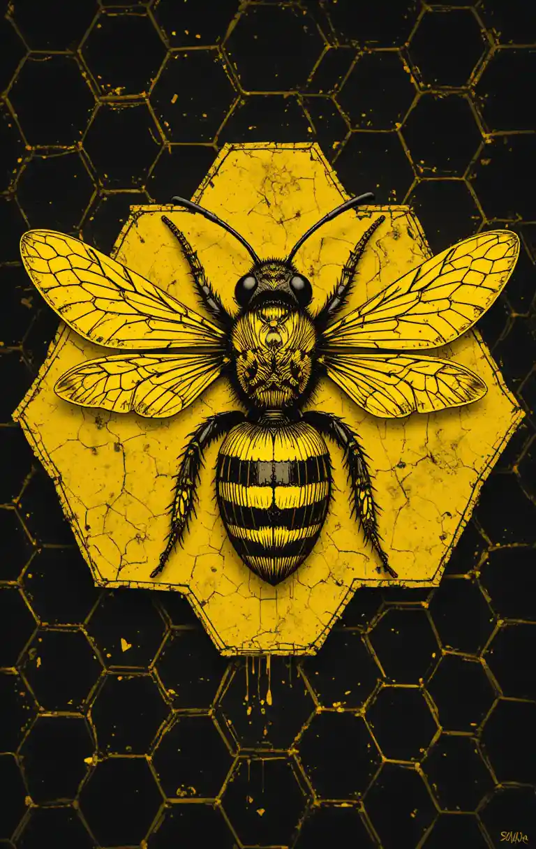 Abeille stylisée aux ailes déployées sur fond de nid d’abeilles hexagonal