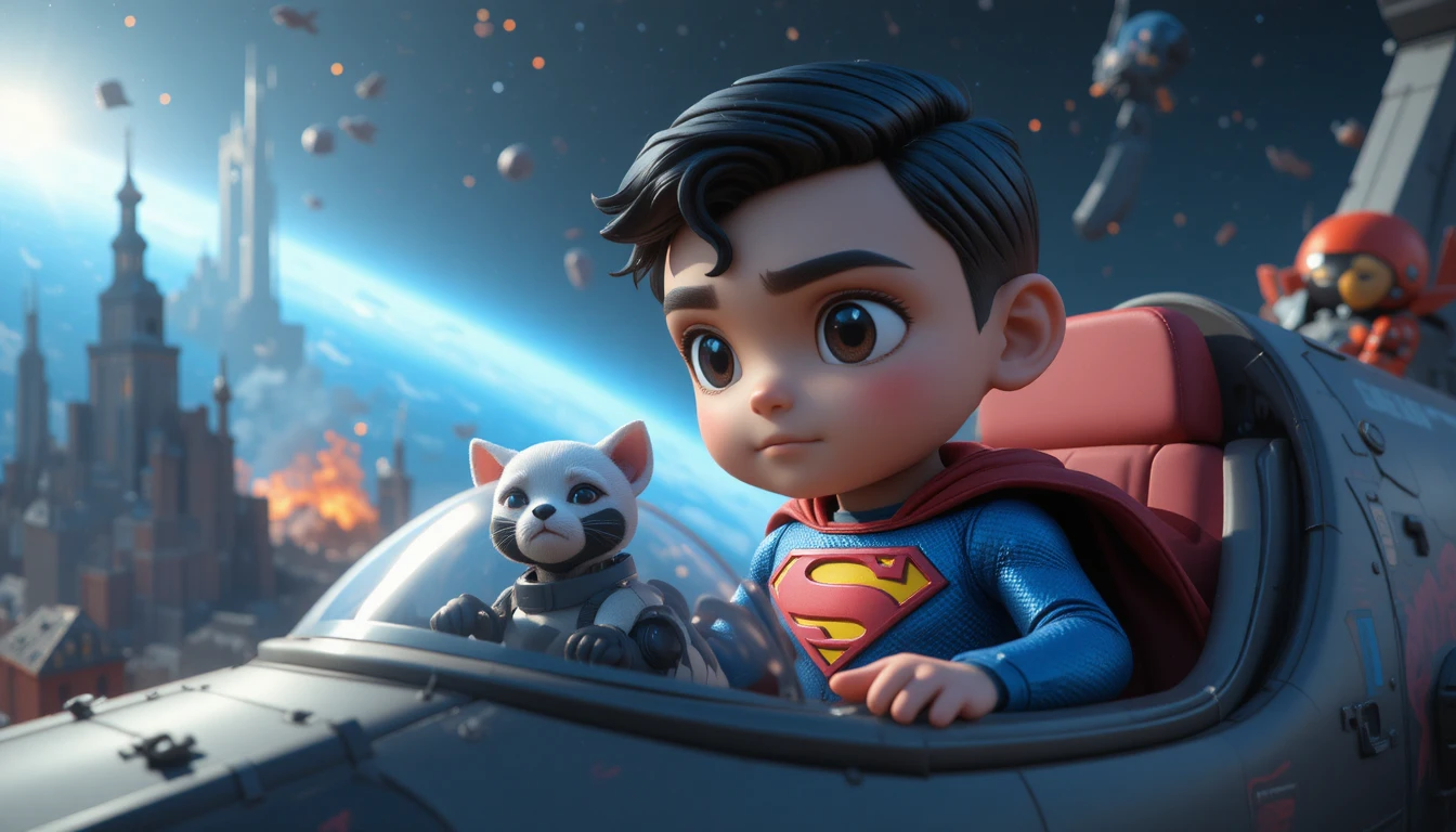 Garoto super-herói espacial e cão robótico em jato neon
