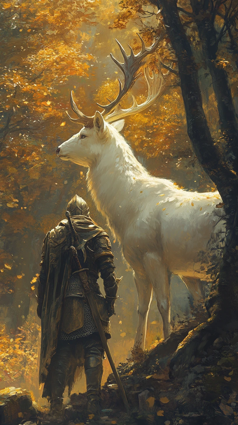 Ritter und weißer Hirsch im goldenen Morgendämmerungswald