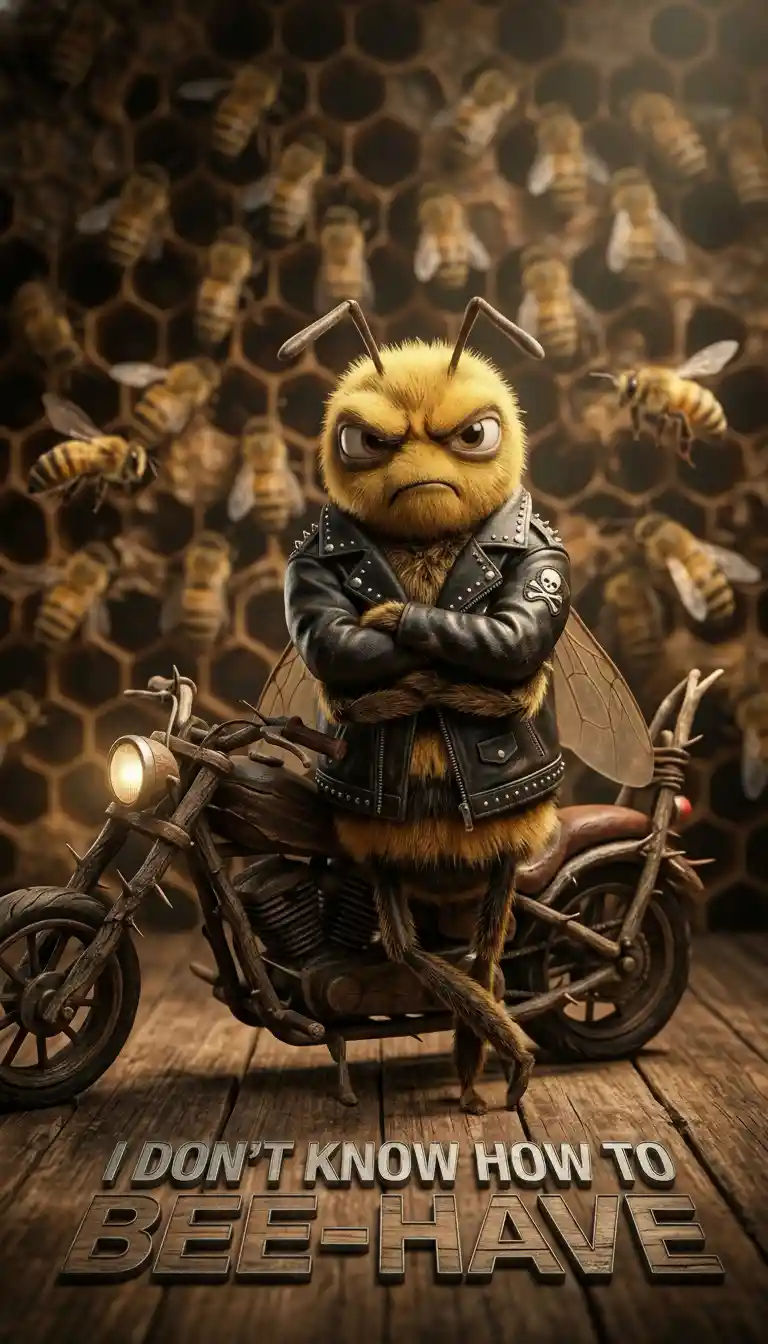Rebellious Bee In Leather Jacket Leaning On Twig Motorcycle