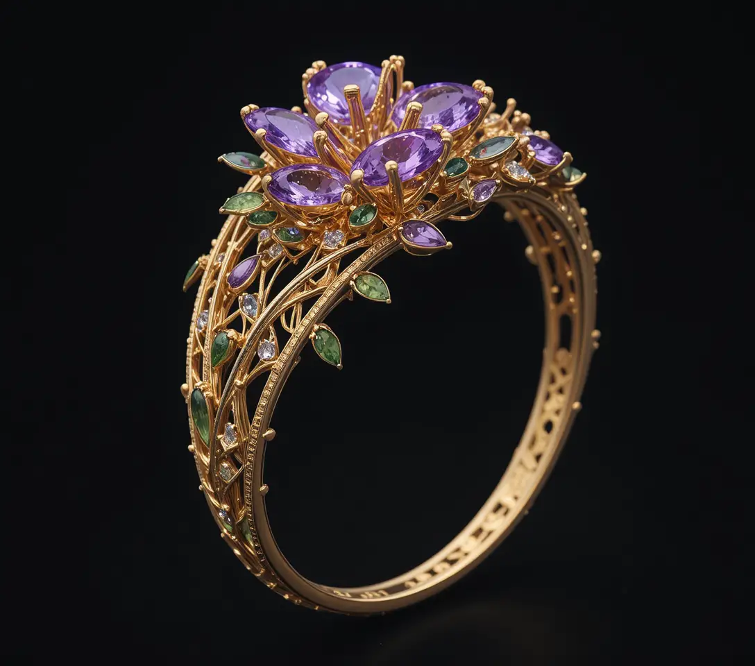 Goldarmband in Seitenansicht mit Amethyst- und Peridotblüten