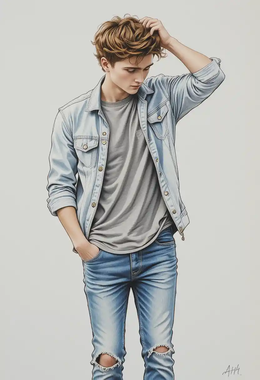 Dessin au crayon d’un jeune homme en veste en jean sur fond blanc