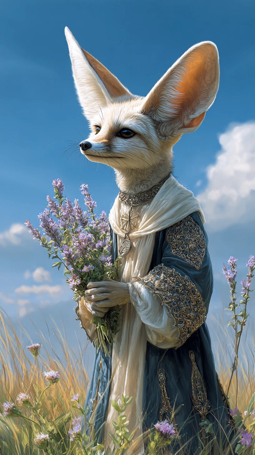 Volpe fennec antropomorfa in abito tradizionale in un prato soleggiato