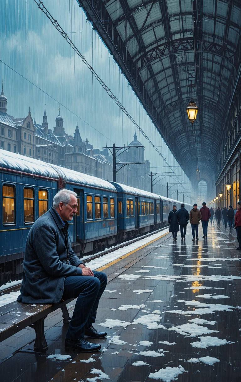 Vieil homme attendant sur un quai de gare urbain en hiver sous la pluie