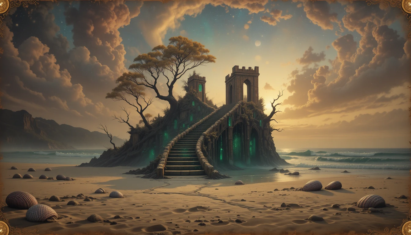 Surreal stone staircase rising from a calm ocean at dusk