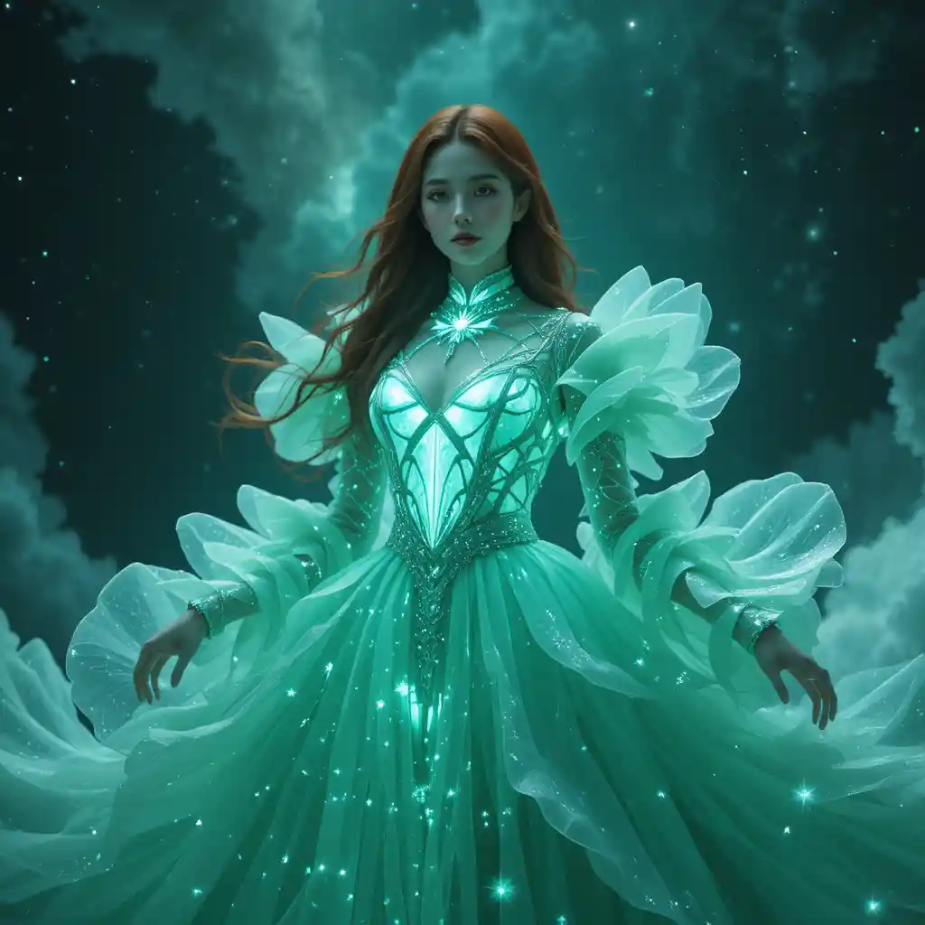 身穿發光薄荷星雲花瓣禮服的天體女子