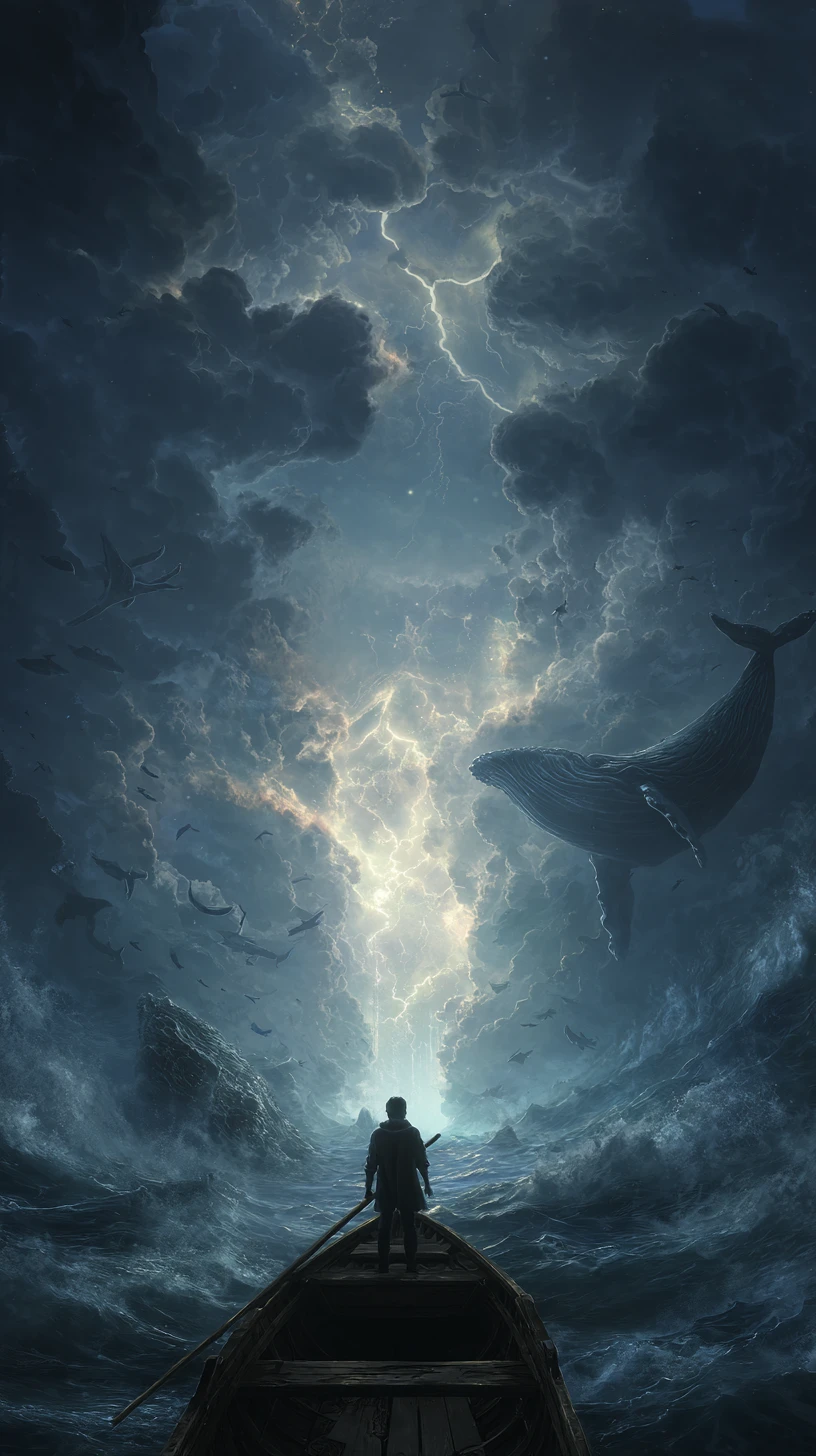 Stormy ocean splitting open to reveal glowing abyss below