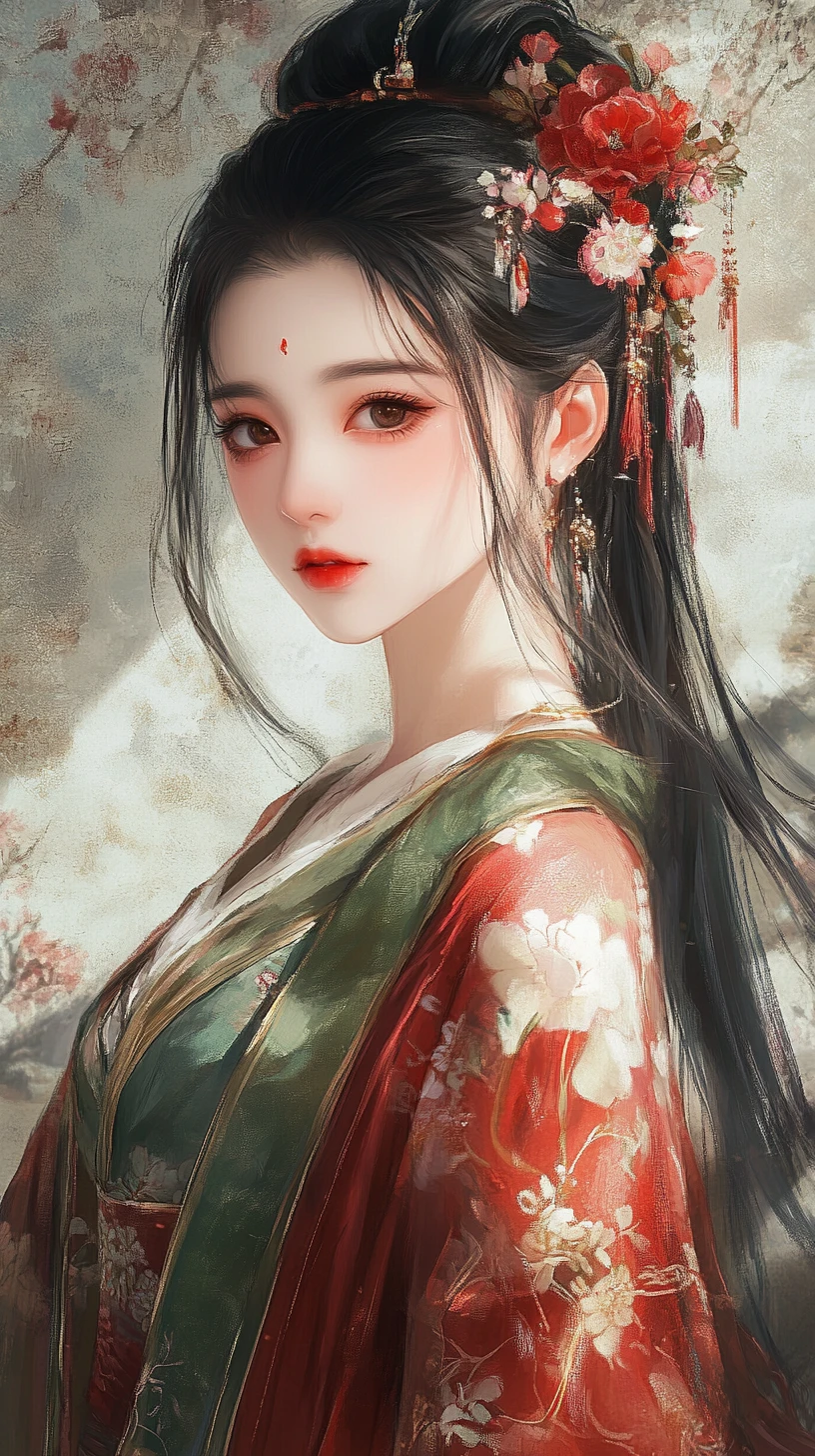 Elegant young woman in red and green hanfu portrait