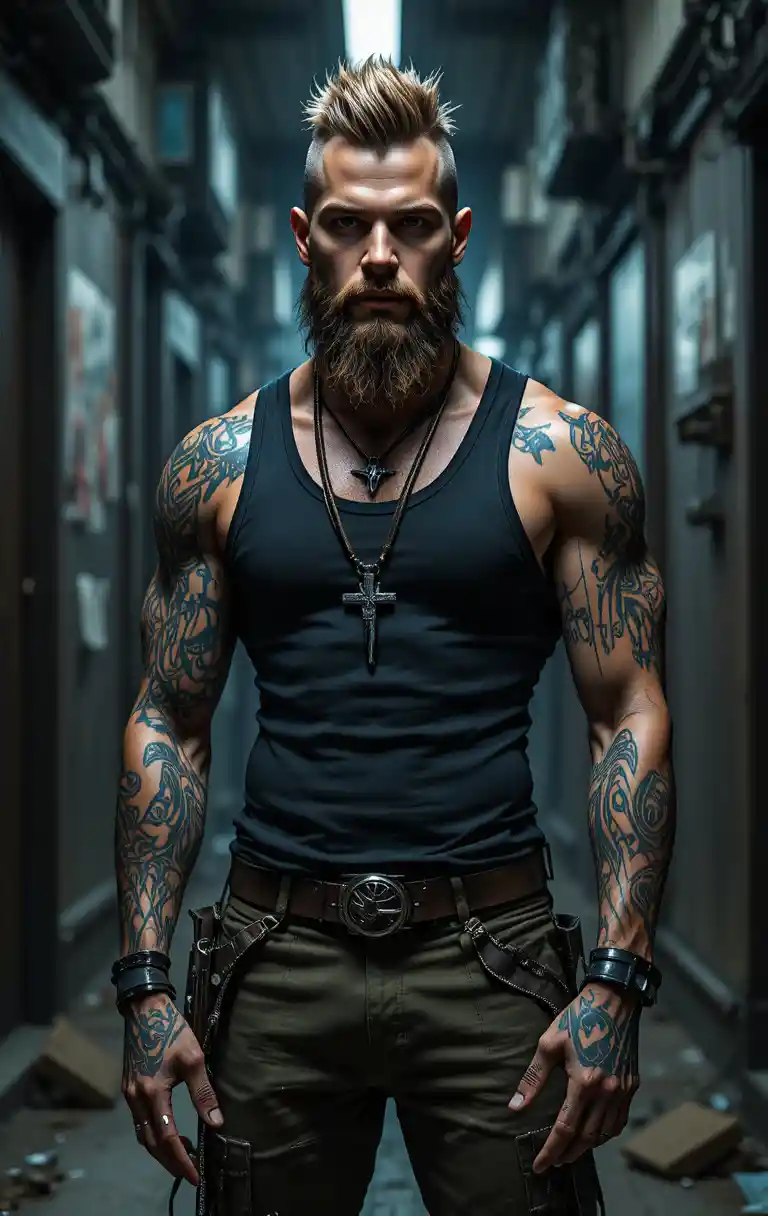 Homem musculoso tatuado em viela urbana rústica