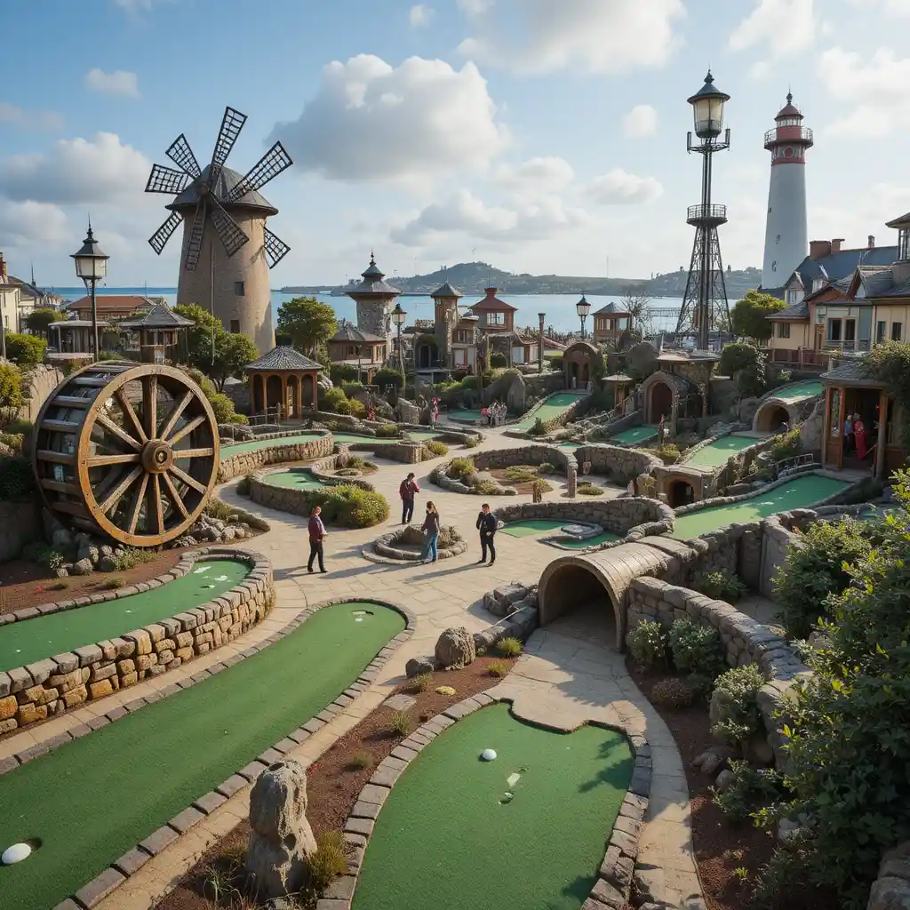 Joueurs s'affrontant sur un parcours de mini-golf déjanté en plein air
