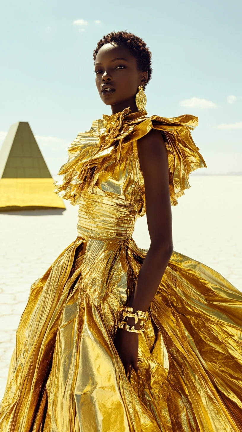 Femme de mode afrofuturiste sur un désert de sel