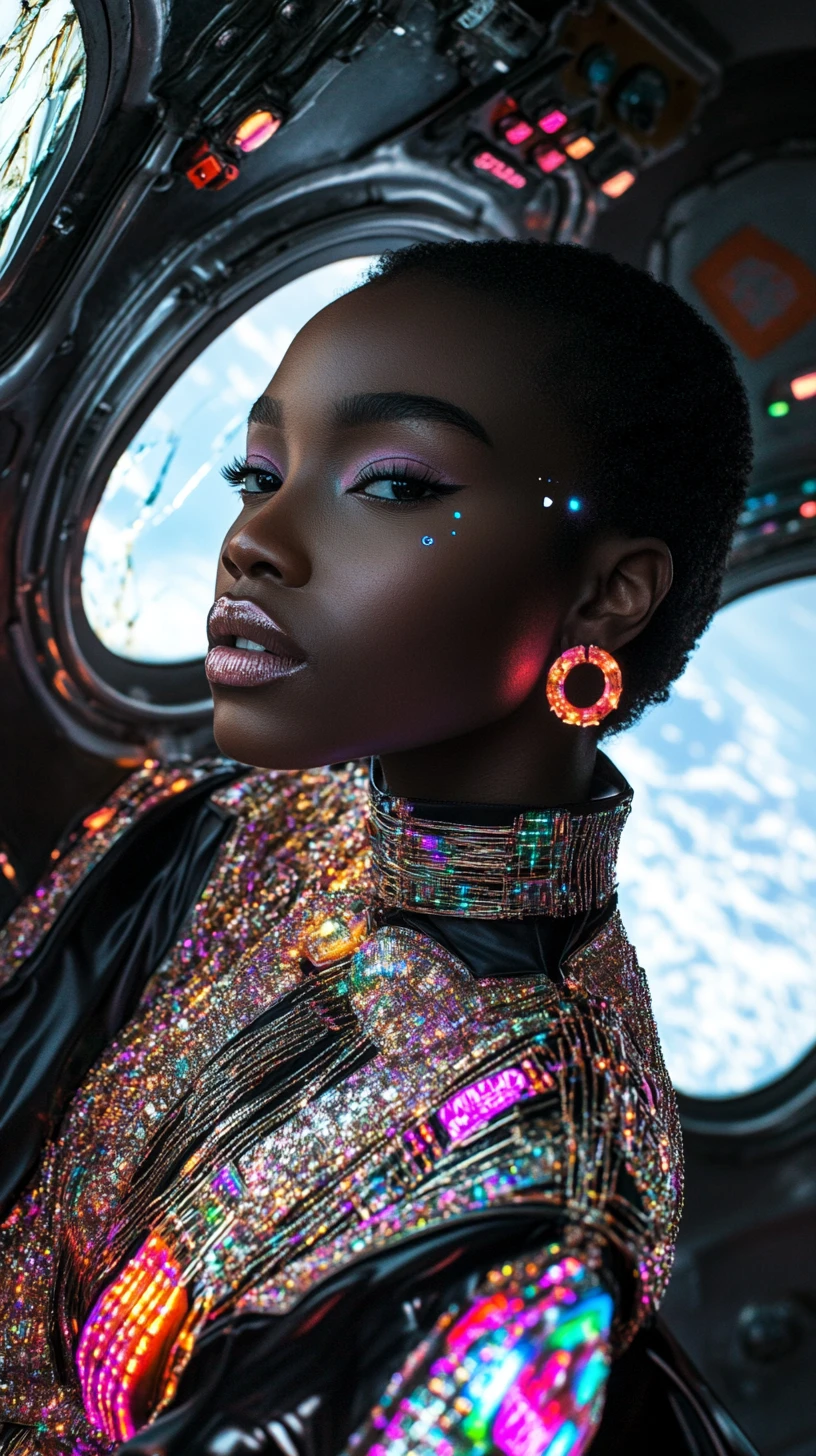 Modella afrofuturista in couture che fluttua in una stazione spaziale