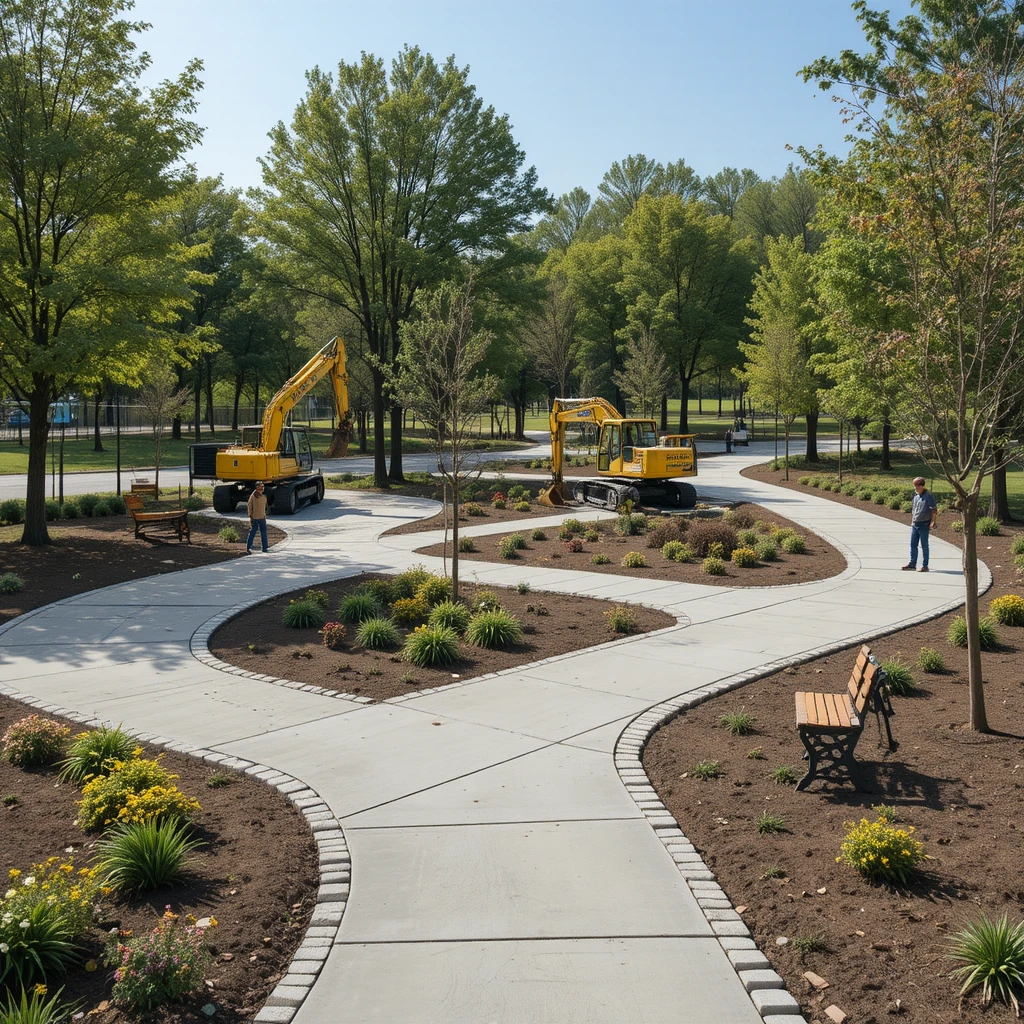 Urban park under renovation with workers and machinery