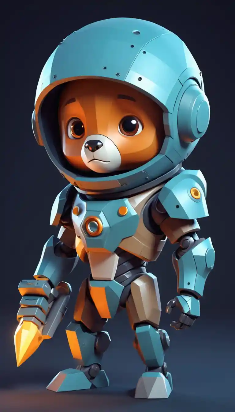Ragazzo guerriero spaziale con tenero orso robotico nel caos