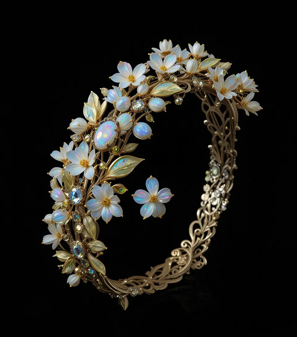 Filigranes Armband aus Platin und Gold mit Opal-Edelweiß-Girlande