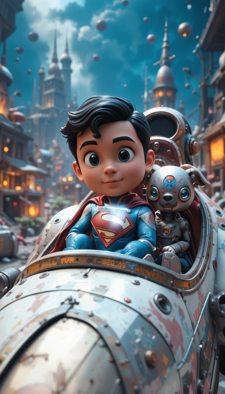 Little space superhero boy and robotic dog in spaceship