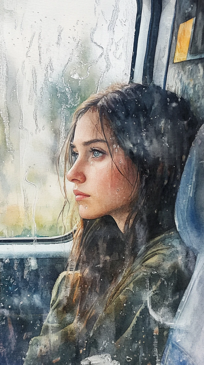 Melancholisches Mädchen im Regenzug in Aquarellmalerei