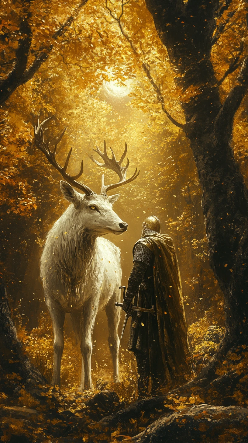 Ritter und weißer Hirsch im goldenen Morgendämmerungswald