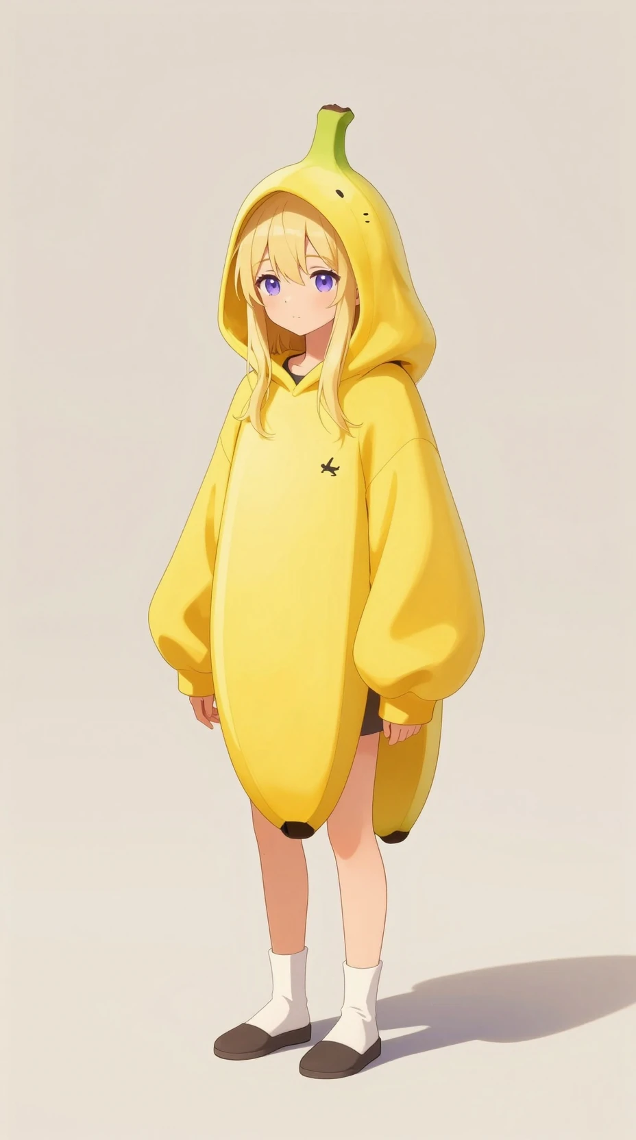 Ragazza anime con felpa oversize a tema banana su sfondo neutro e morbido
