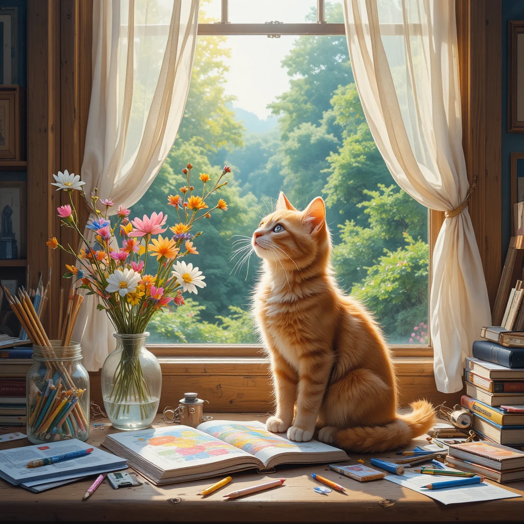Chaton orange sur un bureau cosy à côté de fleurs et d’une fenêtre