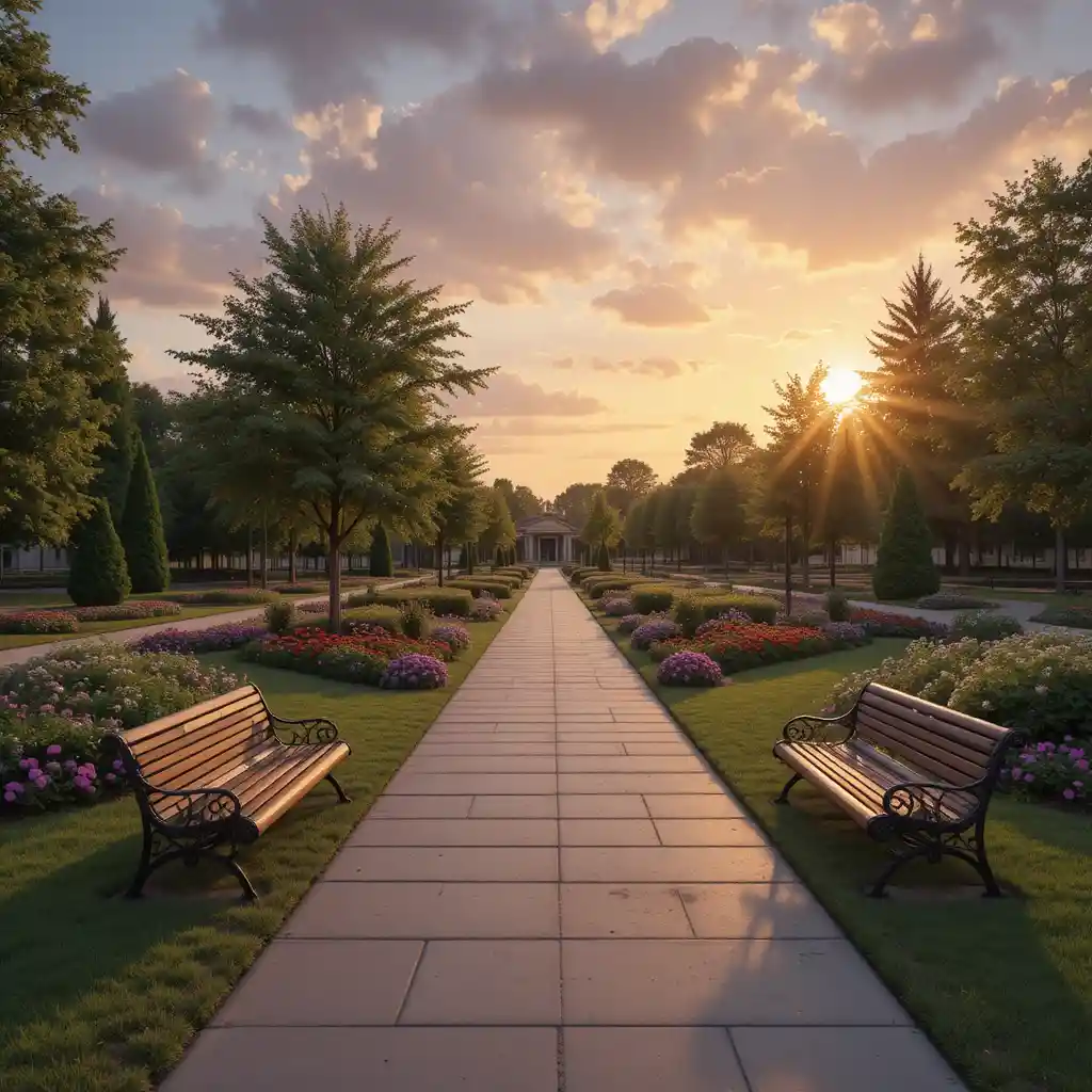 Parc urbain paisible avec bancs dans une chaude lumière de coucher de soleil