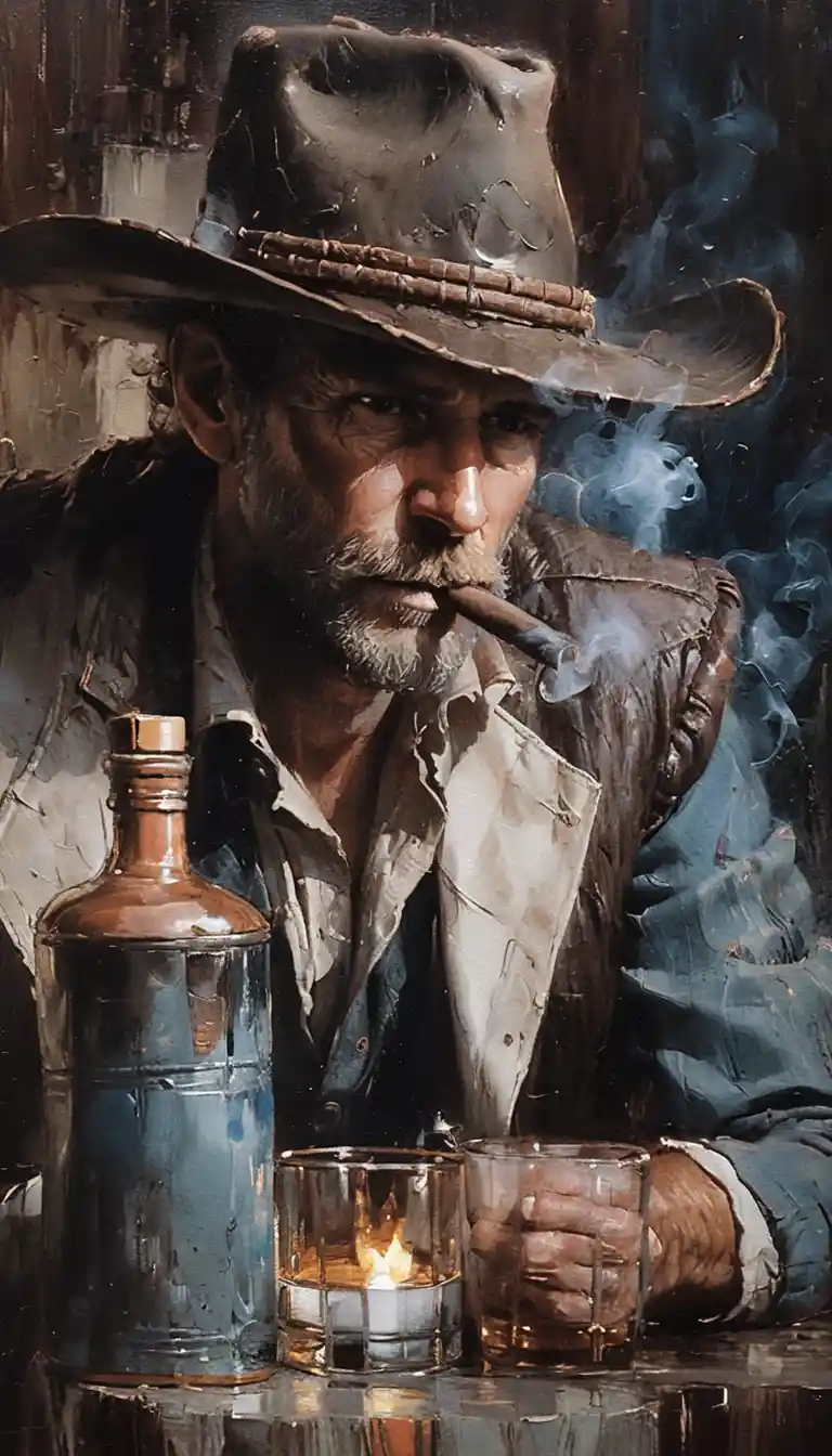 Melancholic bearded cowboy smoking a cigar in low angle portrait