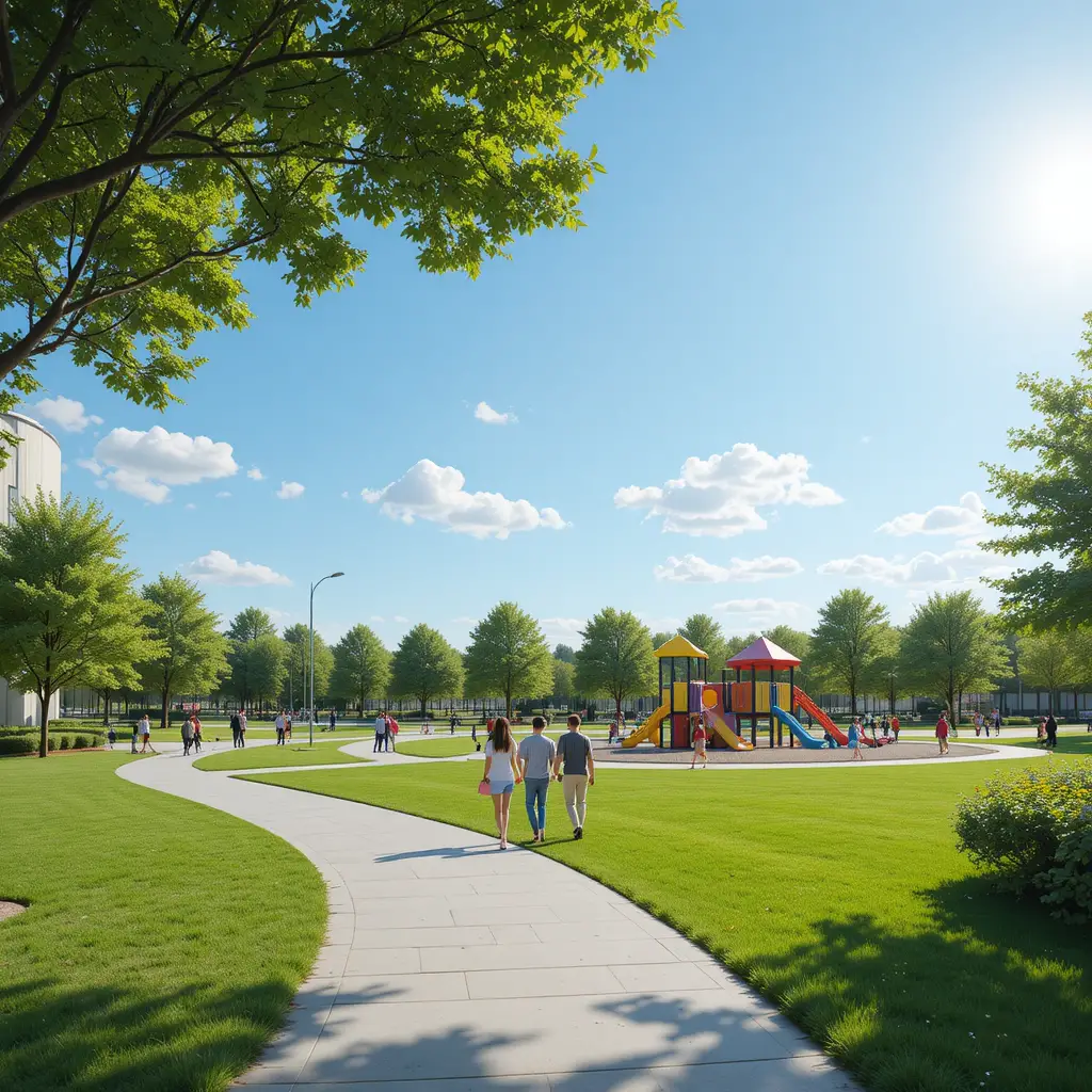 Familien genießen einen sonnigen Tag auf einem modernen Stadtspielplatz