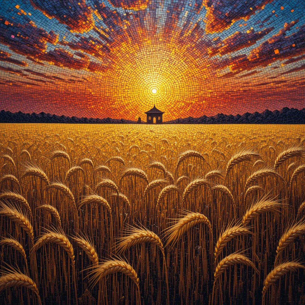 Golden wheat field glowing under a dramatic burning sun