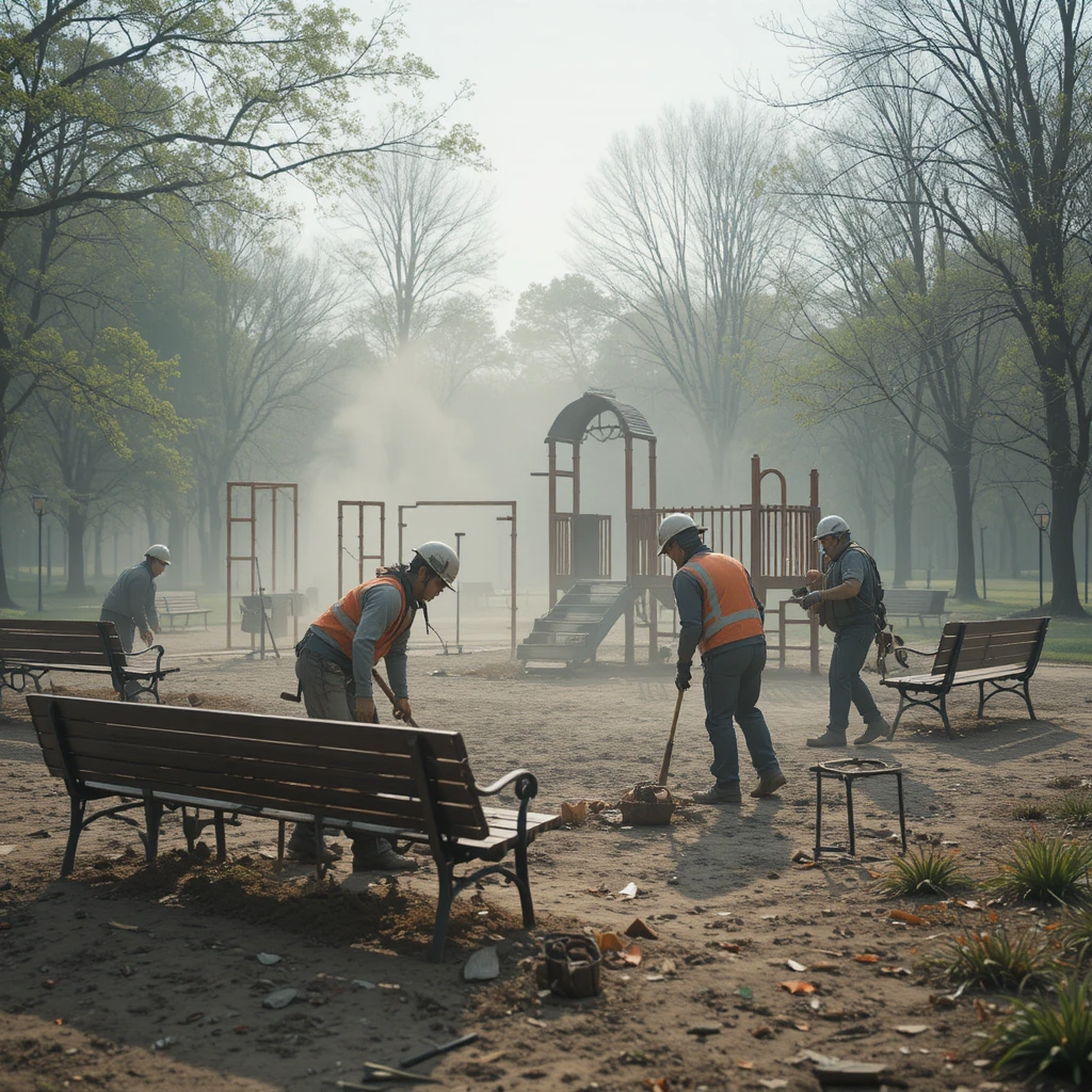 Workers clearing old benches in a city park construction scene
