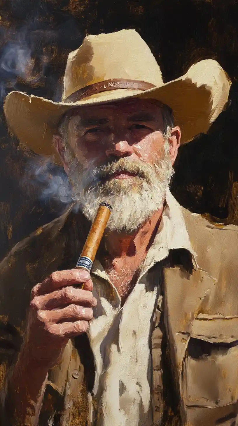 Cowboy barbudo fumando charuto em retrato dramático em contra-plongée