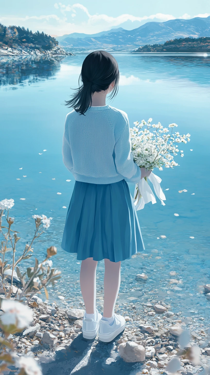 Ragazza anime accanto a un lago blu tranquillo con vista sulle montagne