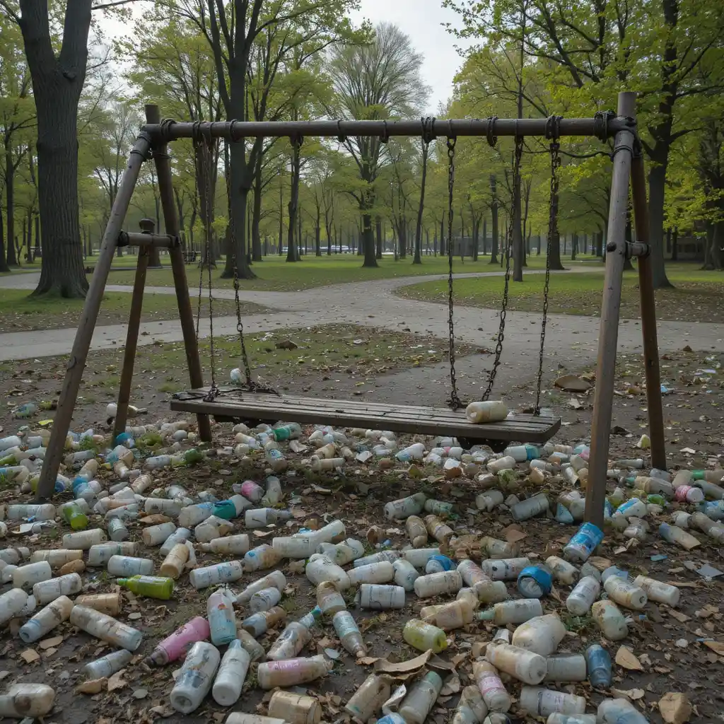 Neglected park filled with scattered garbage and debris