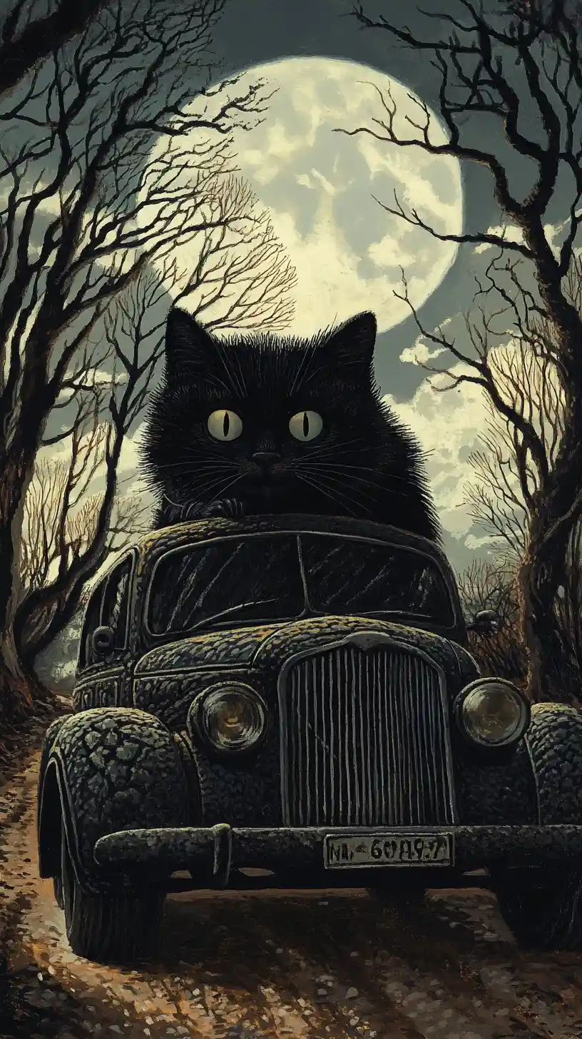 Fluffy black cat driving an SUV through a gothic forest