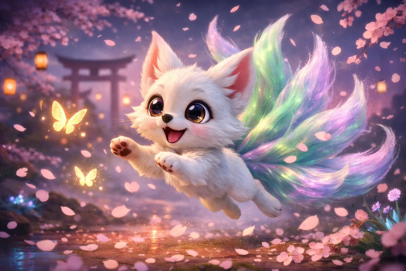 櫻花樹間追逐發光蝴蝶的小狐狸精