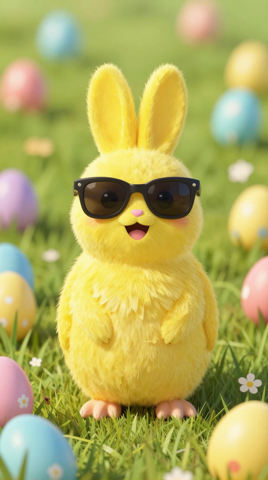 Smiling Easter chick with sunglasses in grassy egg field